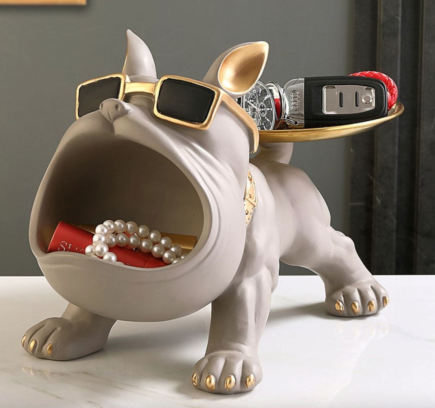 Loja Capricho Aparador - 0002 Cinza Escultura Aparador Bulldog Francês Decor Cool (Suporte Duplo)