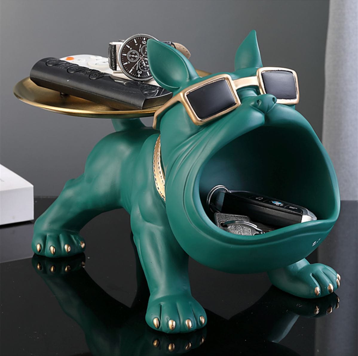 Loja Capricho Aparador - 0002 Verde Escultura Aparador Bulldog Francês Decor Cool (Suporte Duplo)
